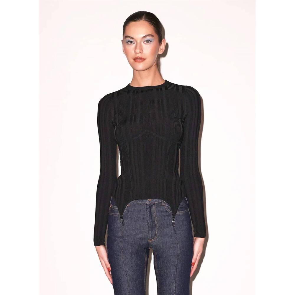 NEW FLEUR DU MAL rib long sleeve garter top in black